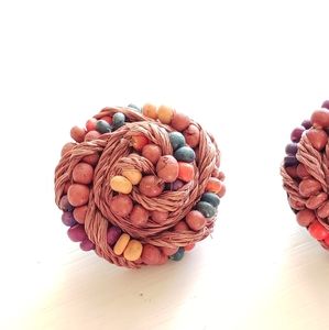 Vintage Wooden Multi-Colored Bead & Twine  Wrap Earrings